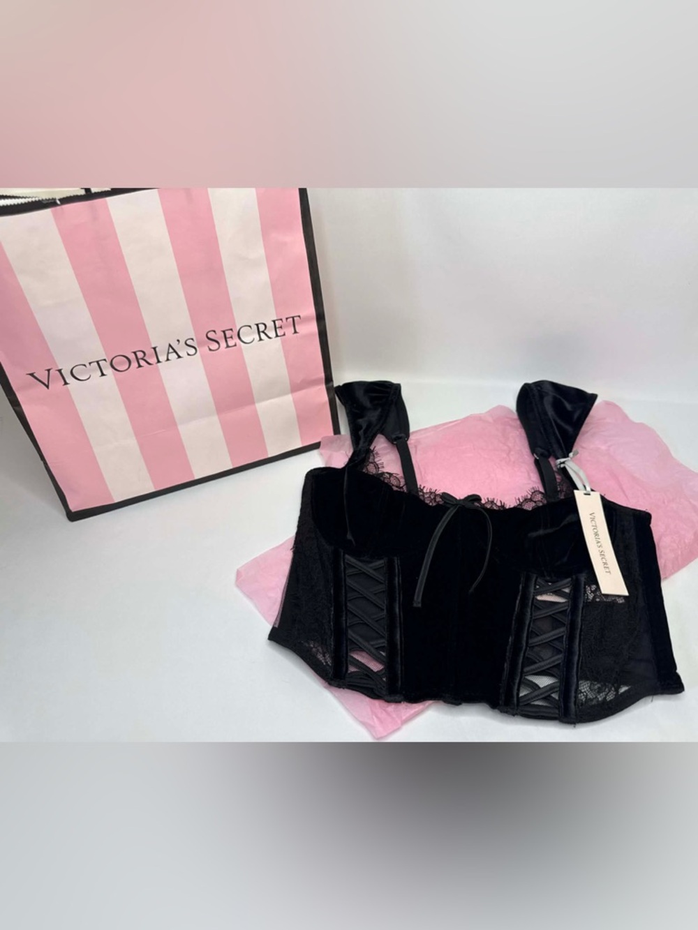 Victoria's Secret Black Dream Angel Lace & Velvet Cap-Sleeve Corset Top NWT